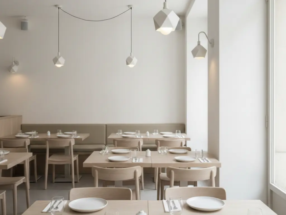 Sala de comedor con mesas e iluminación decorativa en bar restaurante en traspaso en Calle de València, Barcelona
